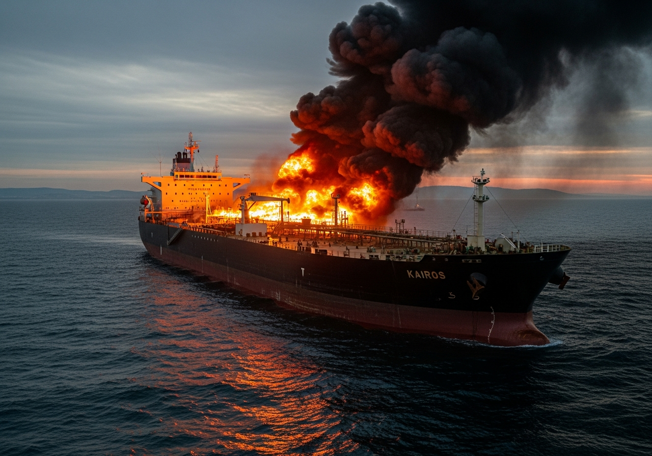 Media for Explosion and Fire Aboard Shadow Fleet Tanker Kairos in Black Sea – Suspected Mine Strike